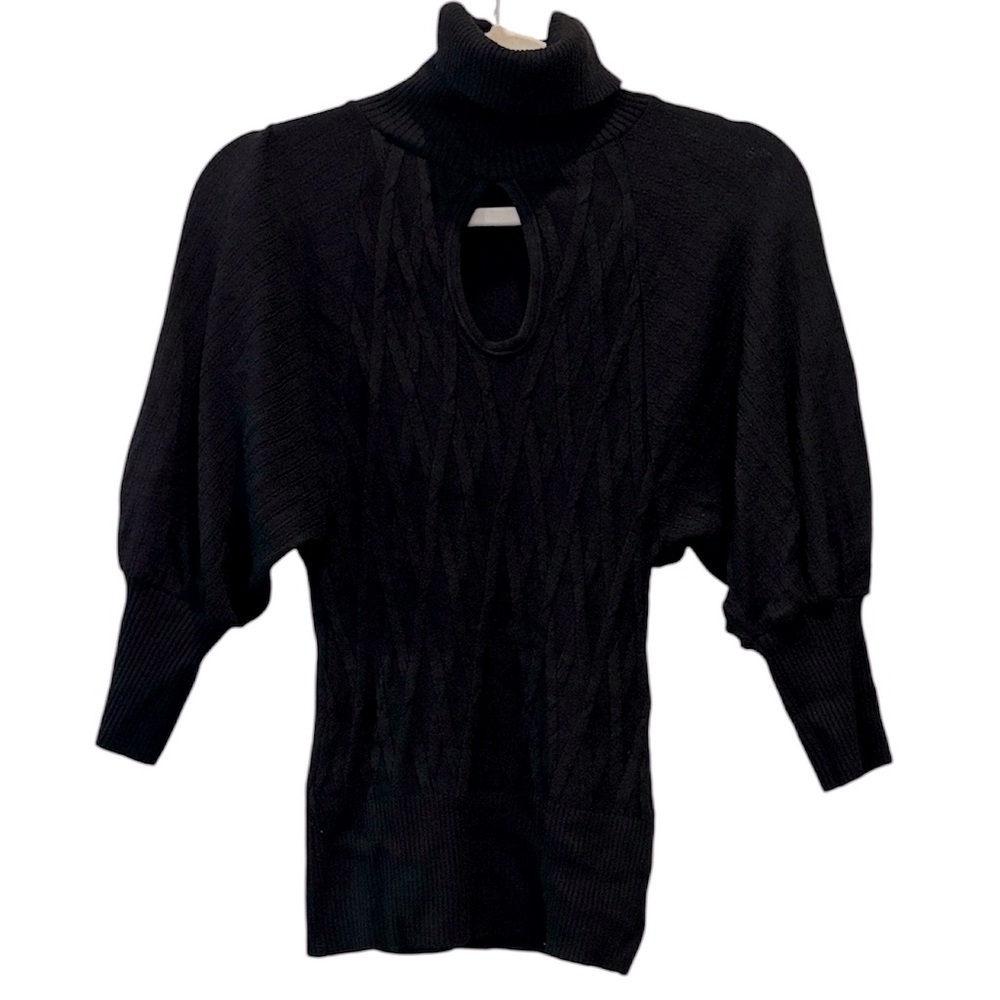 Bebe Open Key Hole Front Turtleneck Black Pattern Fitted Stretch Sweater Top M